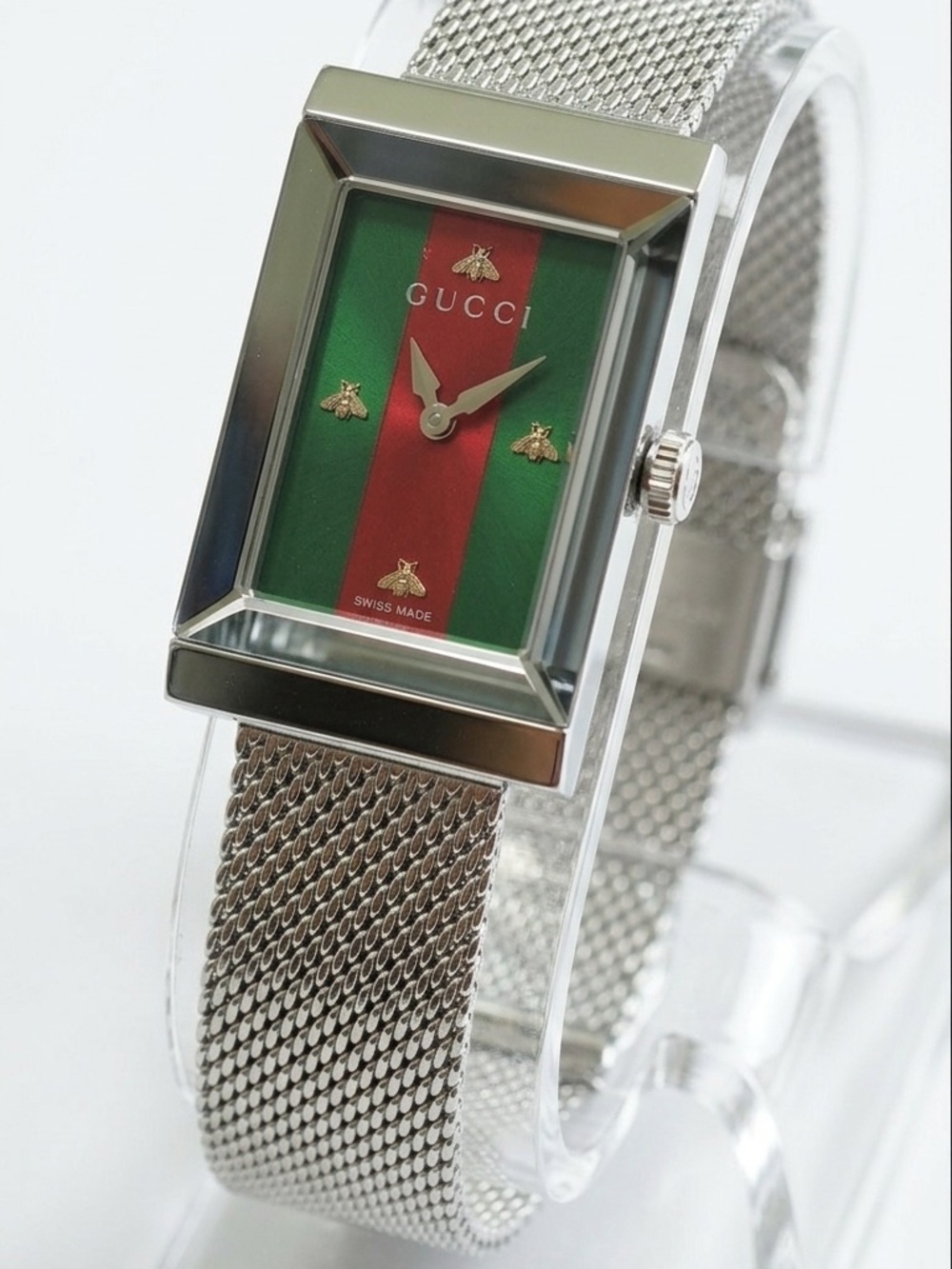 NWB Full Set Gucci G-Frame YA147401 Women Steel Mesh Green Red Bee Watch 21x34mm